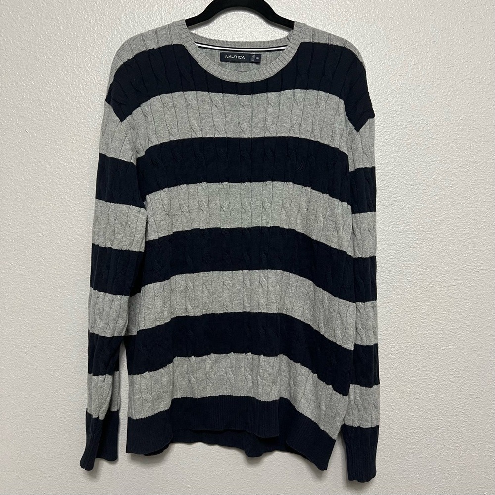 Nautica Navy Gray Men's XL Cotton Sweater Cable Knit‎ Striped Long Sleeve